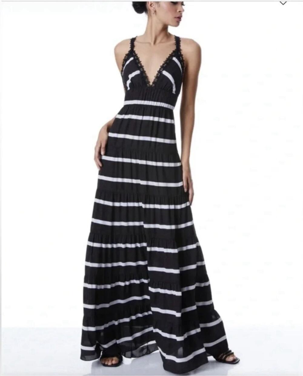 Alice + Olivia Karolina Striped Panel Maxi Dress In Black And White Sz 6 Small
